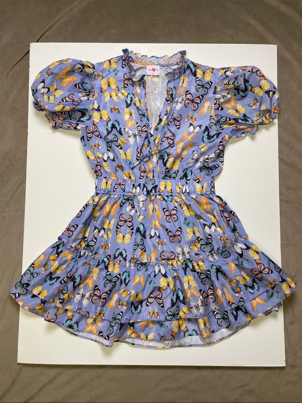 Buddy Love. Lavender Butterfly Print Tiered Dress. Large.